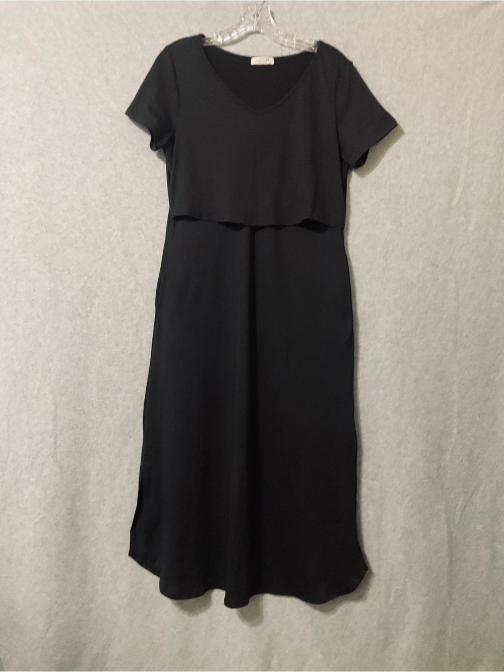 EKOUAER Elegant Black Short-Sleeve Midi Dress with Layered Bodice Sz S